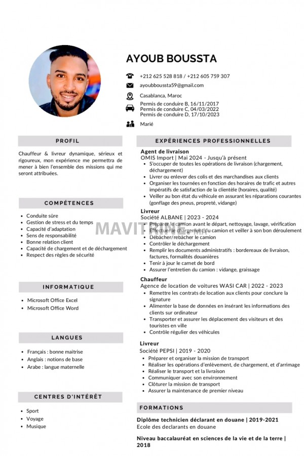 Je suis un chauffeur et je cherche un emploi (Permis : B, C, D)